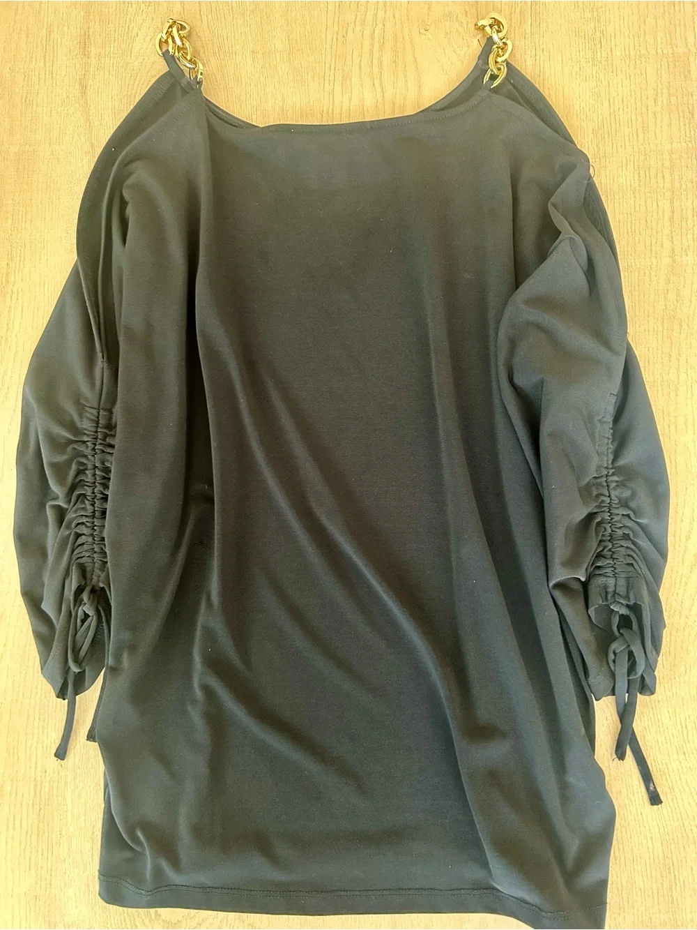 Michael Kors Black Cold-Shoulder Tunic with Gold Chain Straps and Ruched Sleeves